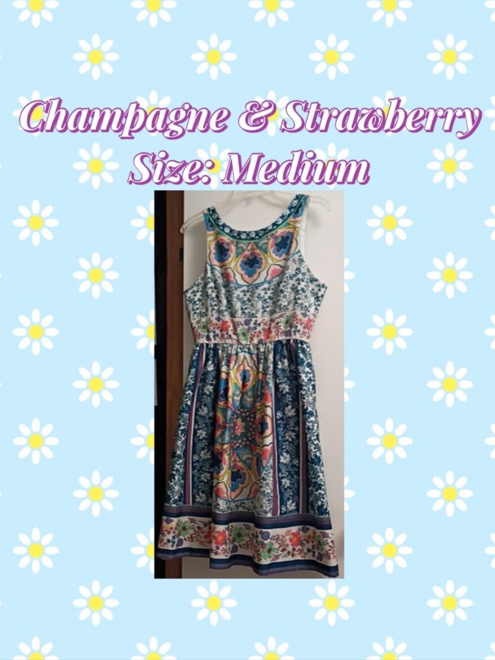 Champagne And Strawberry Floral Mosaic Print Dress in Blue Multi